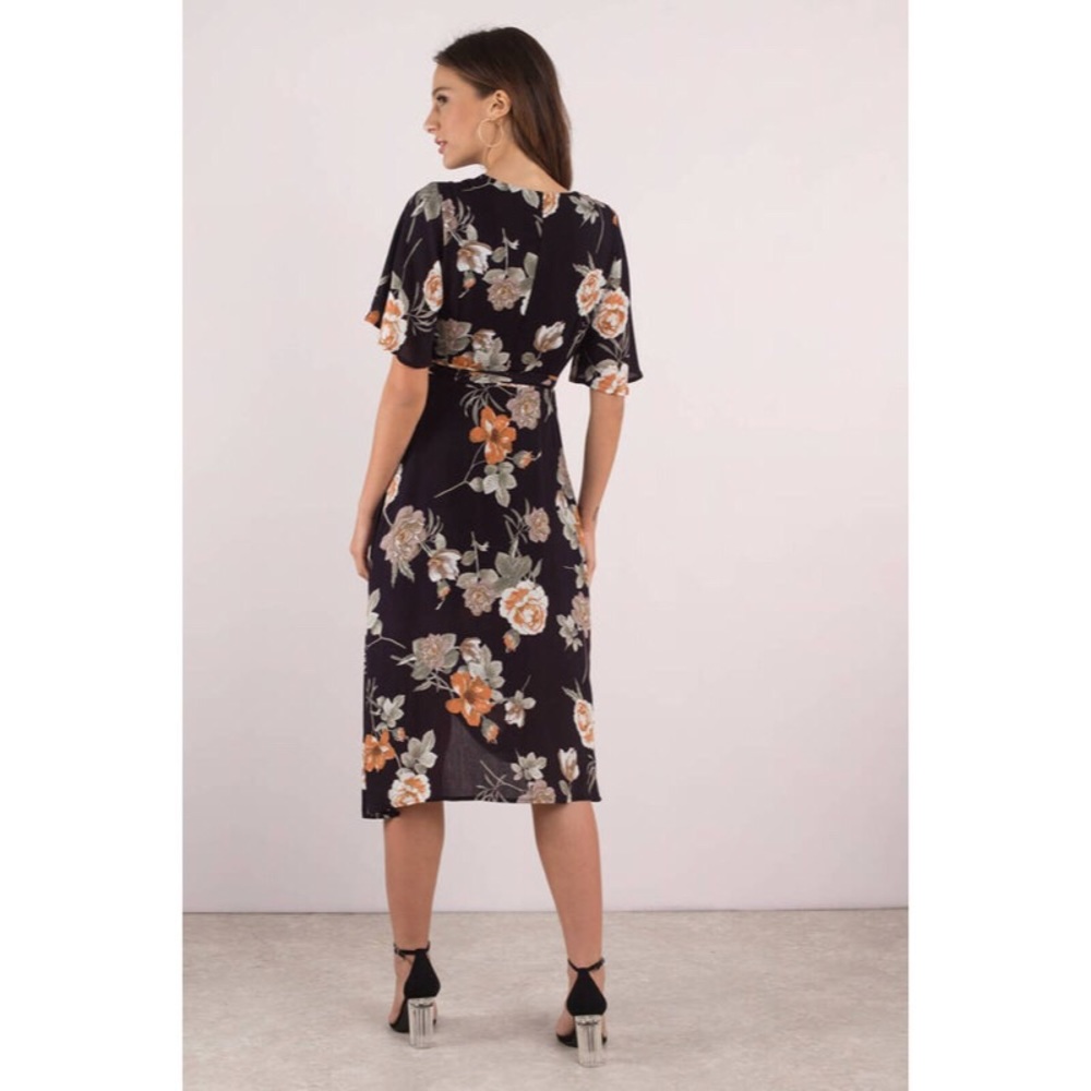 Black Floral Print Wrap Midi Dress - Picture 3 of 5